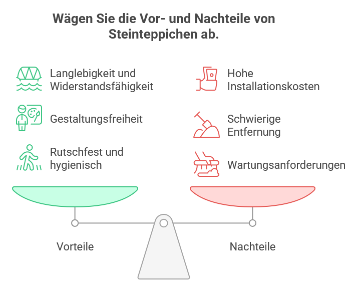 Infografik: Vorteile und Nachteile von Steinteppichen im Vergleich.